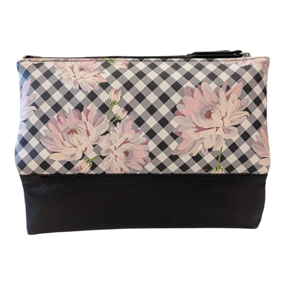 Tahari Black and Gray Checkered Floral Cosmetic Bag - Picture 2 of 6